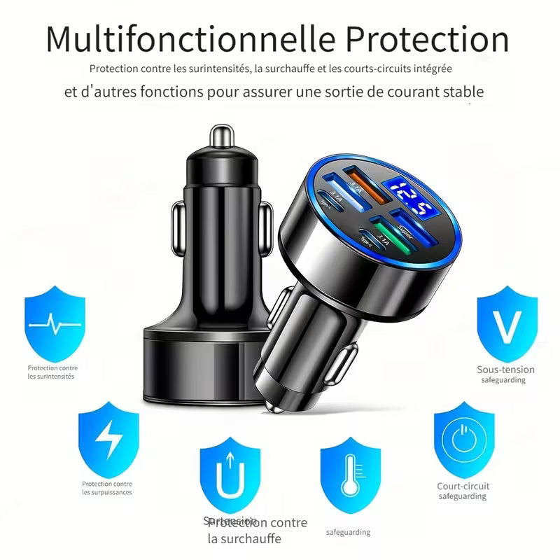 Chargeur de voiture avec QC3.0 Charge rapide avec 6 ports, adaptateur de voiture multifonction 1 à 6, chargeur de voiture PD avec affichage et éclairage ambiant