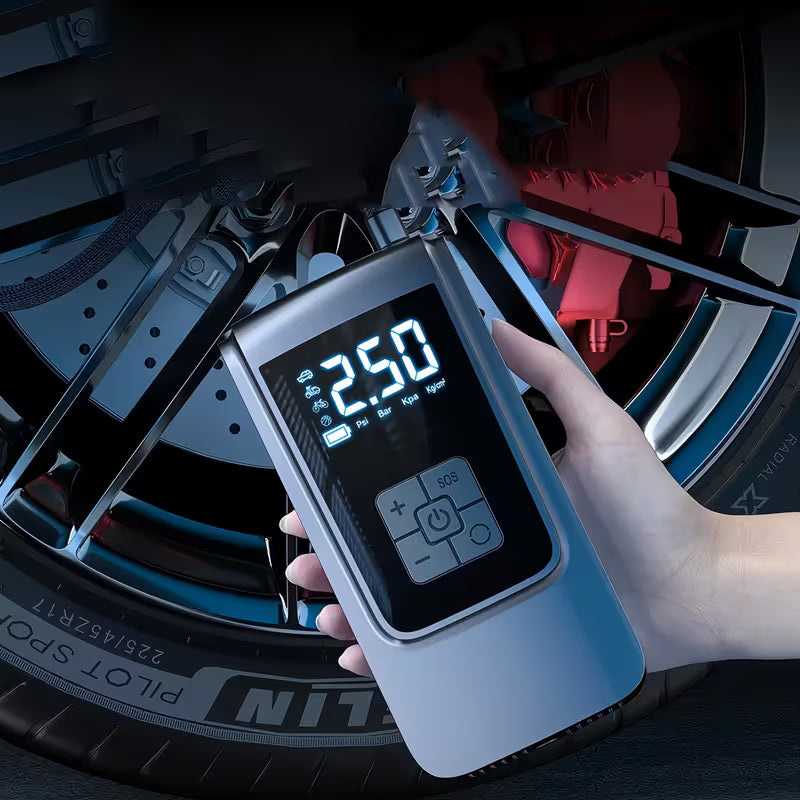 Compresseur d'air portable pour gonfler les pneus - Compresseur d'air 150PSI avec manomètre, pompe électrique rechargeable 2000Mah avec écran de lampe de poche LED et kit de buse adapté aux voitures, motos, vélos et ballons