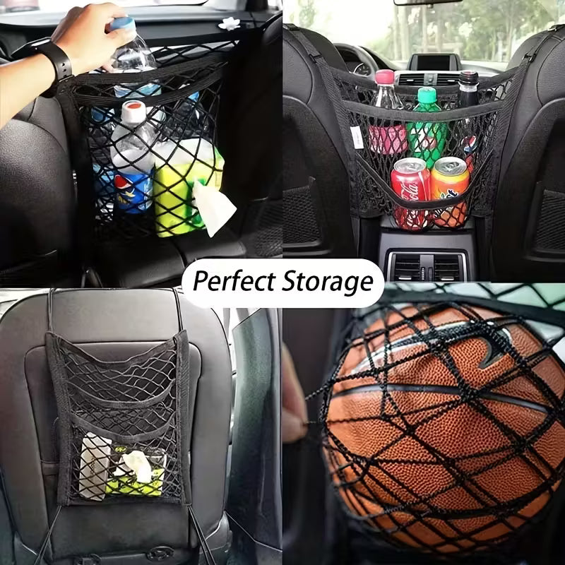 Sac de rangement en maille élastique pour sièges auto, conçu pour la séparation des animaux de compagnie et la sécurité des enfants, et facile à installer comme accessoire d'intérieur de voiture