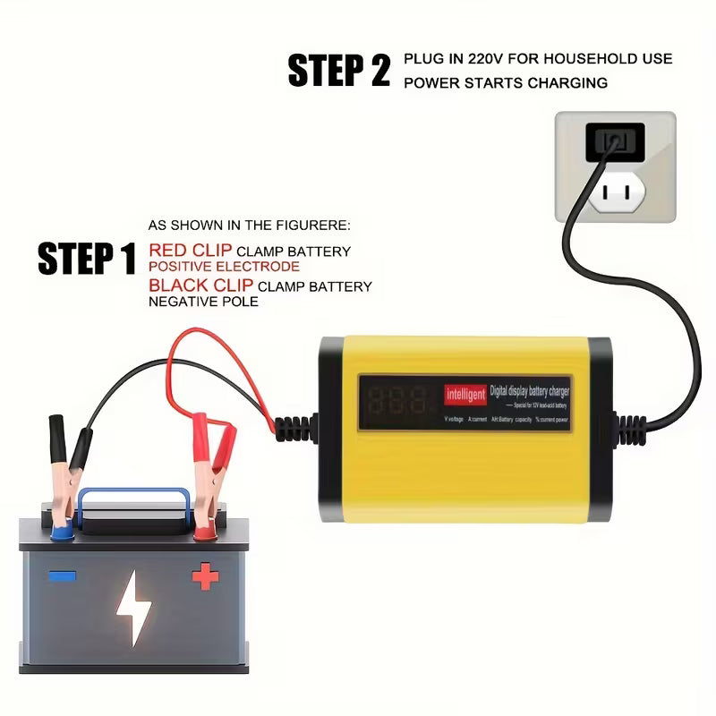 Chargeur de batterie 12V 2A adapté aux voitures et motos, avec une charge à trois étapes entièrement automatique