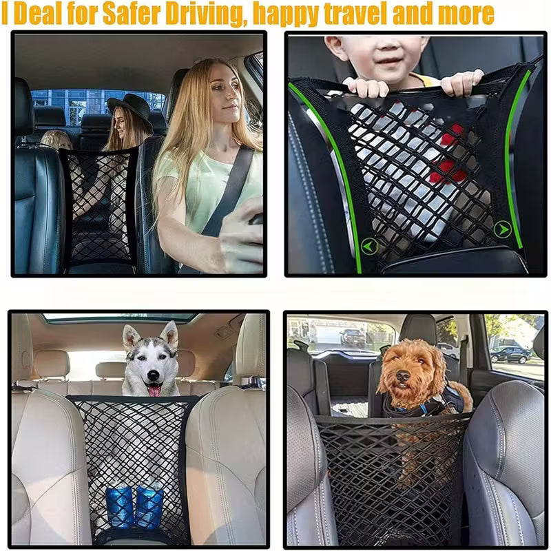 Sac de rangement en maille élastique pour sièges auto, conçu pour la séparation des animaux de compagnie et la sécurité des enfants, et facile à installer comme accessoire d'intérieur de voiture