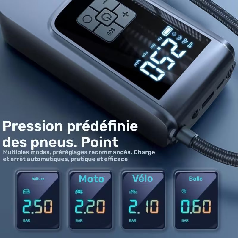 Compresseur d'air portable pour gonfler les pneus - Compresseur d'air 150PSI avec manomètre, pompe électrique rechargeable 2000Mah avec écran de lampe de poche LED et kit de buse adapté aux voitures, motos, vélos et ballons