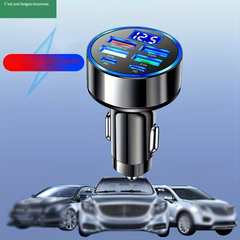 Chargeur de voiture avec QC3.0 Charge rapide avec 6 ports, adaptateur de voiture multifonction 1 à 6, chargeur de voiture PD avec affichage et éclairage ambiant