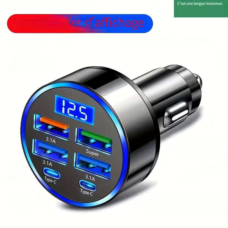 Chargeur de voiture avec QC3.0 Charge rapide avec 6 ports, adaptateur de voiture multifonction 1 à 6, chargeur de voiture PD avec affichage et éclairage ambiant