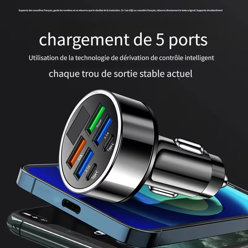 Chargeur de voiture avec QC3.0 Charge rapide avec 6 ports, adaptateur de voiture multifonction 1 à 6, chargeur de voiture PD avec affichage et éclairage ambiant